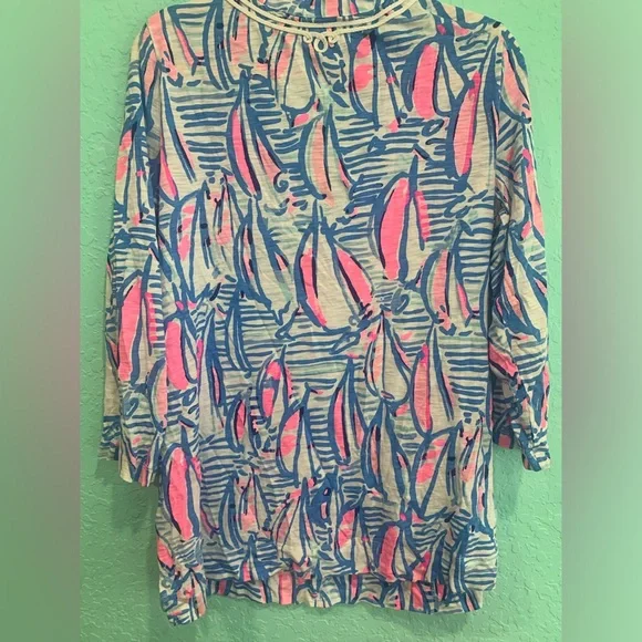 Lilly Pulitzer Pink Blue Printed V-Neck Kaia tunic L boats coastal preppy - Picture 4 of 4